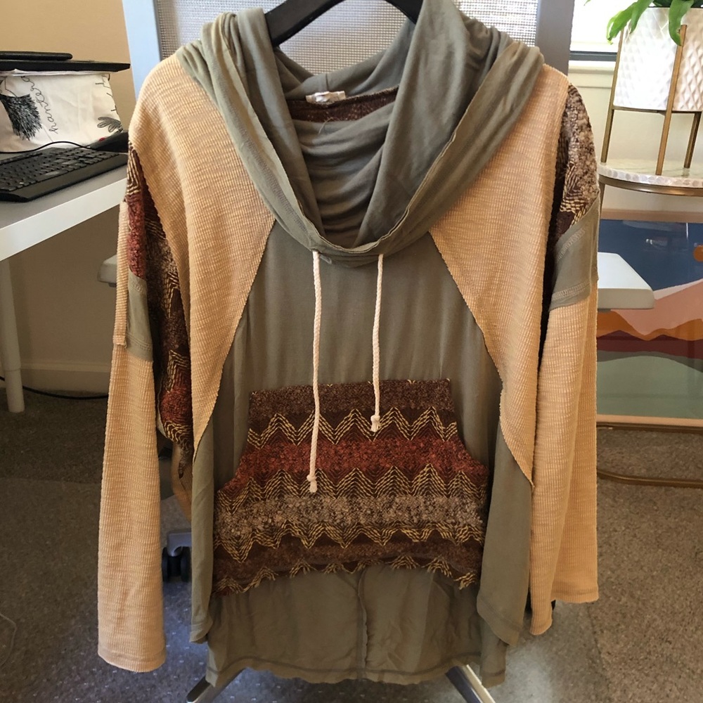 Pol clothing patchwork cowl hoodie rayon pullover S high low hem